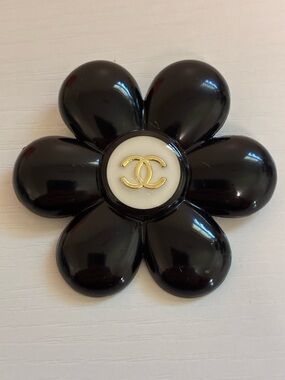 Vintage CHANEL Logo Black Camellia Resin Brooch